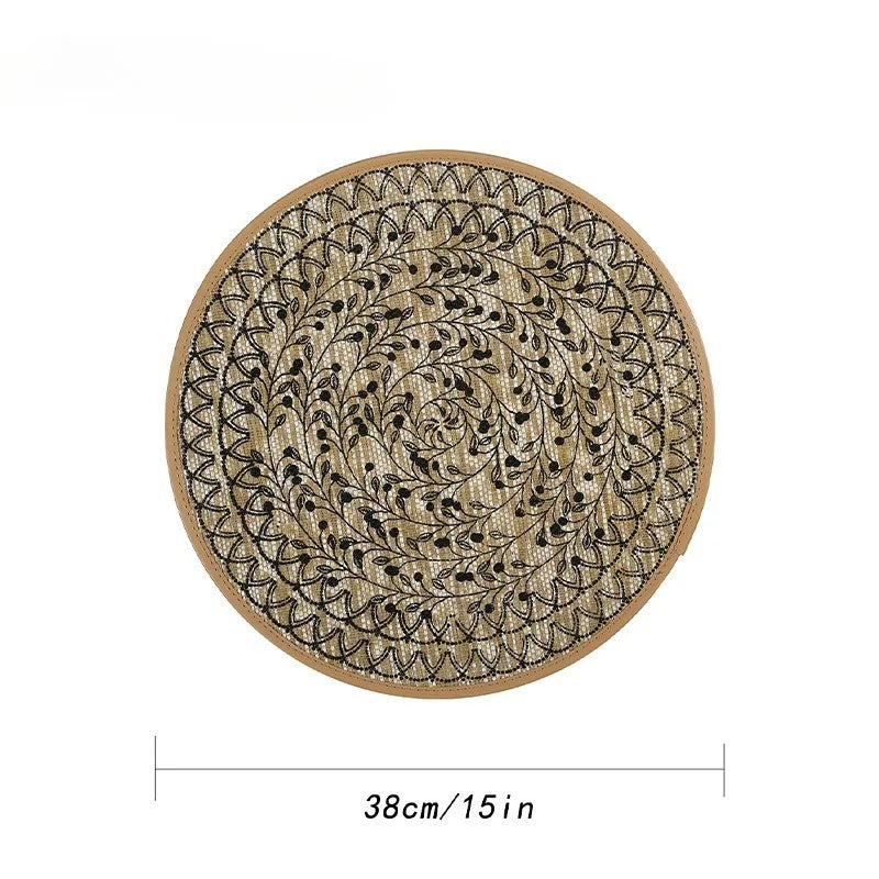 tapis table rond jute motif floral beige noir rustique artisanal 38cm