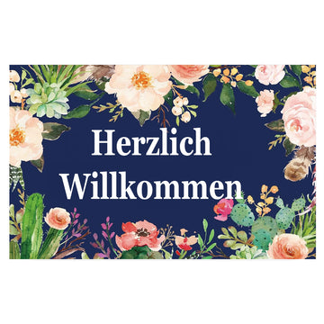 tapis bienvenue fleurs cactus vert bleu marine moderne antidérapant extérieur intérieur porche