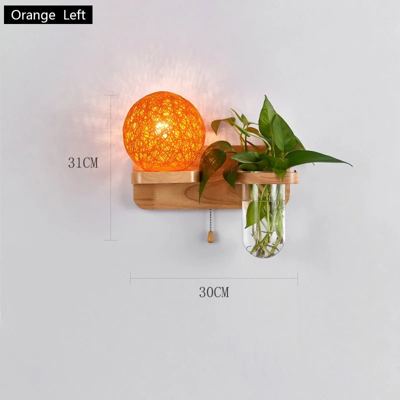 lampe murale scandinave bois naturel feuilles vertes plante boule lumineuse chaîne éclairage chambre salon