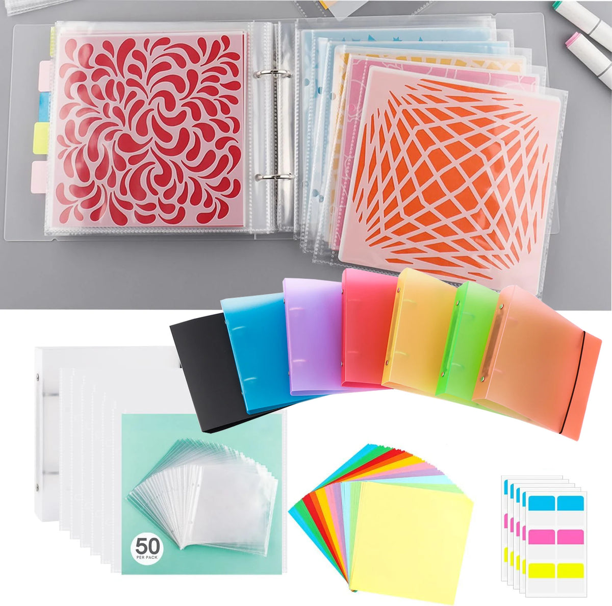 organisateur pochoirs scrapbooking portfolios anneaux couleurs motifs floraux géométriques feuilles transparentes étiquettes autocollantes pochettes