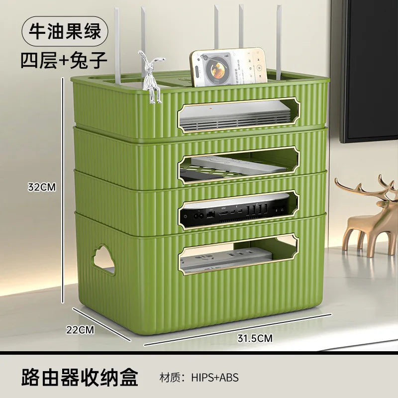 boîte rangement routeur décodeur tv gestion câbles organisateur moderne vert beige épuré
