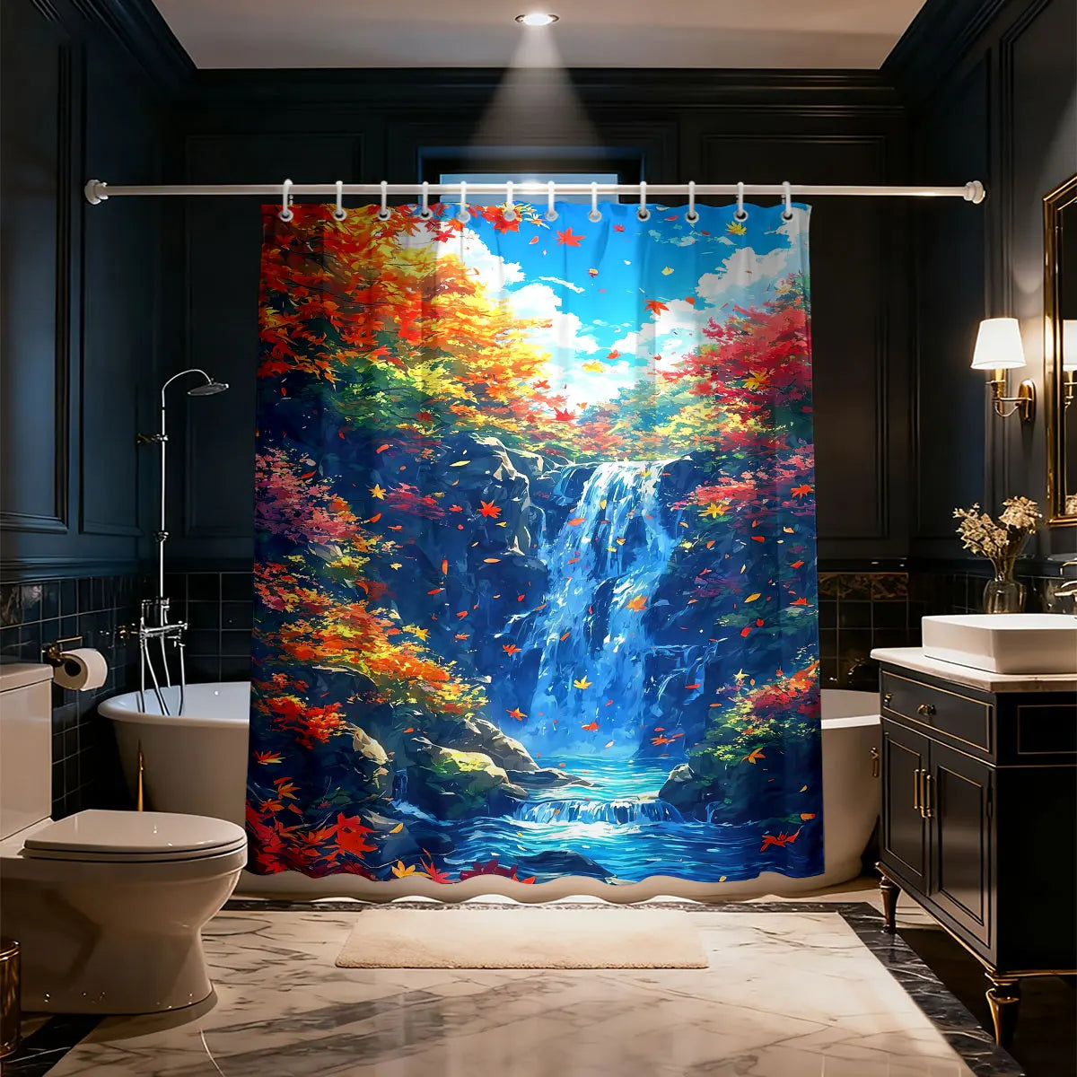 rideau douche moderne paysage cascade arbres fleurs opacité vert bleu blanc rouge jaune noir