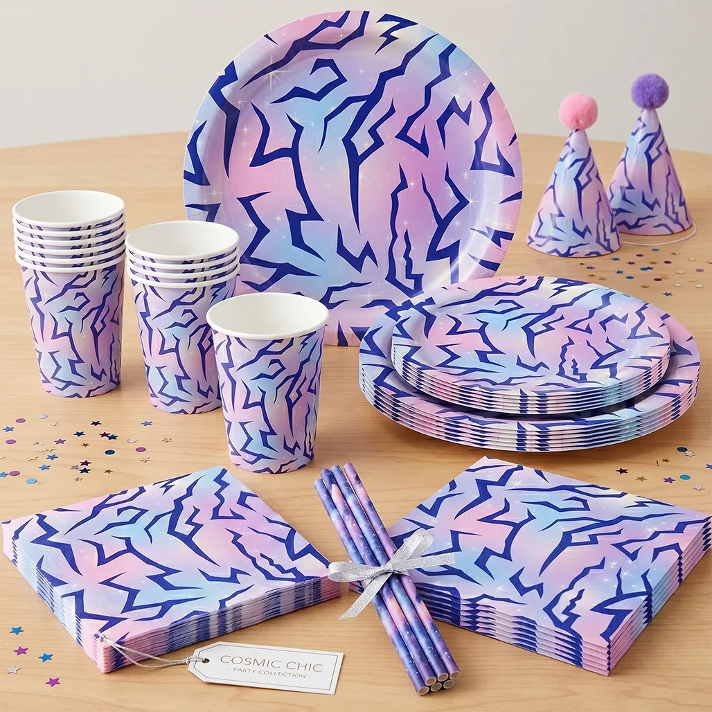 vaisselle jetable assiettes verres serviettes violet rose moderne festives anniversaire mariage kpop festive