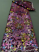tissu décoratif brodé pailleté floral violet noir jaune rouge bleu vert sequins dentelle haute