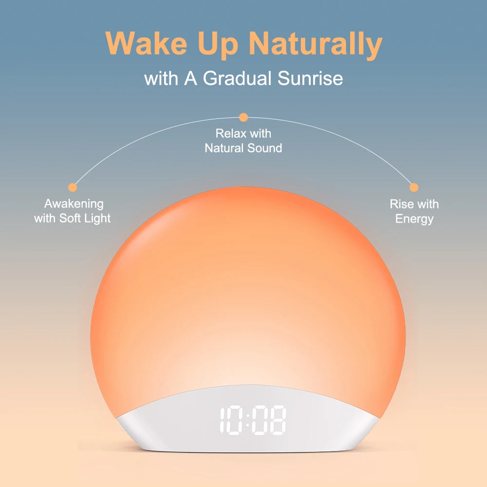 lampe ambiance graduel lever soleil affichage numerique son apaisant controle luminosite snooze stereo 5w