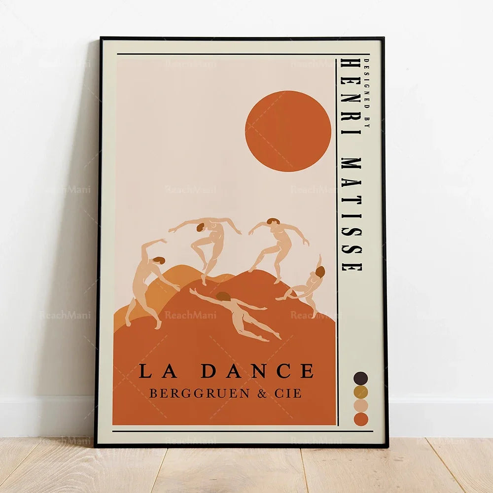 Affiche promotionnelle d'un spectacle de danse intitulé "La danse" avec des silhouettes de danseurs sur fond de soleil orange.
