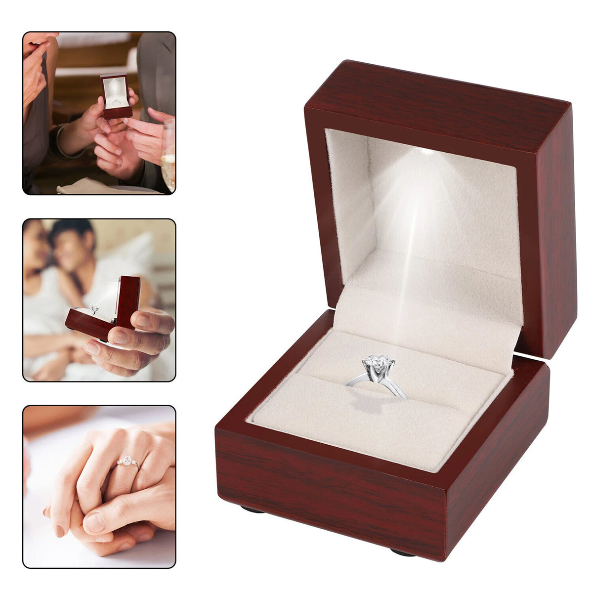 boîte bijoux bois marron foncé moderne élégante lisse brillante vis led 65x60x52mm