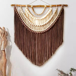 tapisserie macramé bohème coton beige crocheté franges bois décoration murale