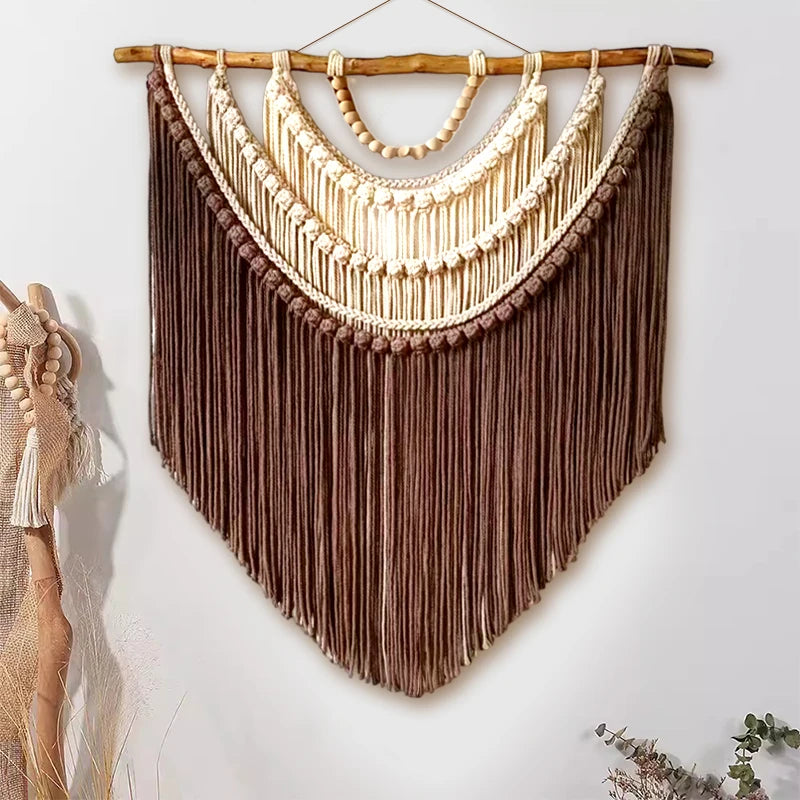 tapisserie macramé bohème coton beige crocheté franges bois décoration murale