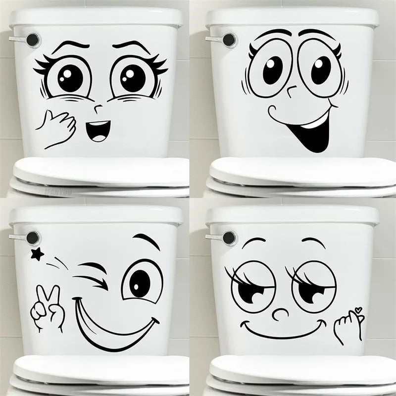 sticker autocollant toilette visage souriant dessin animé simple pvc noir inclusion chambre bains décoration