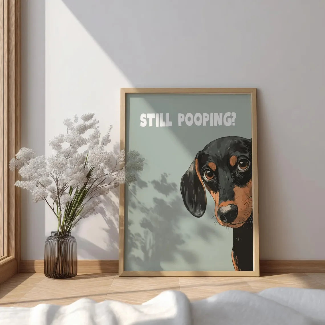 affiche encadrée chien still pooping cadre bois naturel fond vert illustration réaliste