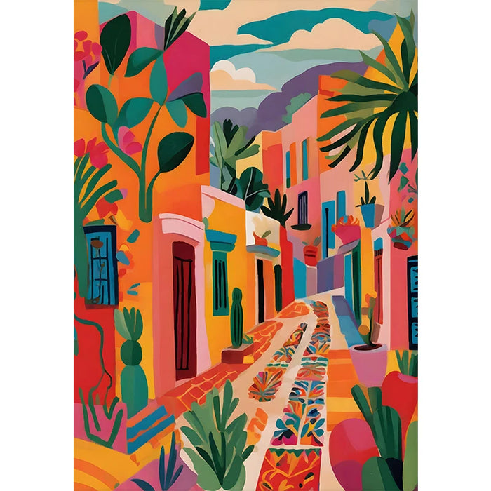 toile d'art moderne paysage urbain coloré cactus fleurs voitures multicolore chambre salon
