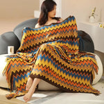 couverture plaid bohème ethnique rouge orange marron turquoise beige zigzag franges adaptable maison