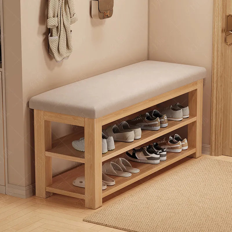 banc chaussures bois massif moderne tissu beige clair rangement minimaliste étagère salon environ 100cm