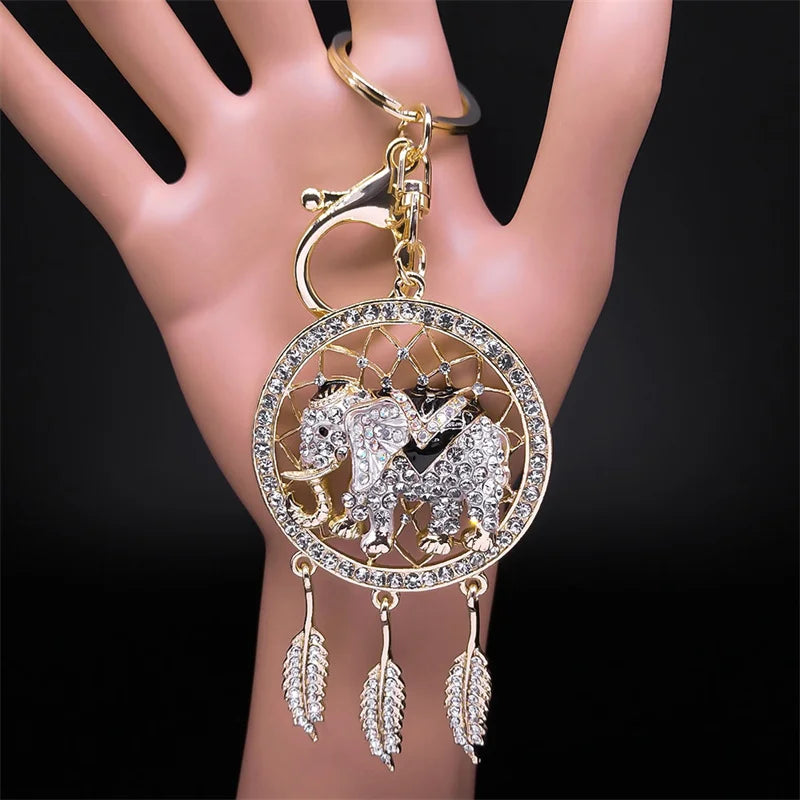 porte clés or rose éléphant plumes strass bohème ethnique métal plaqué argent décoration intemporelle