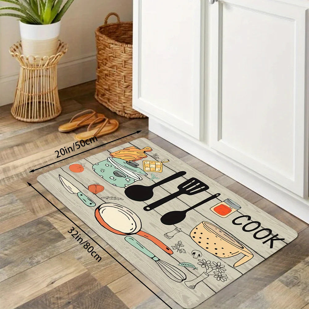 tapis cuisine motif bois ustensiles moderne beige noir bleu orange vert décoration maison