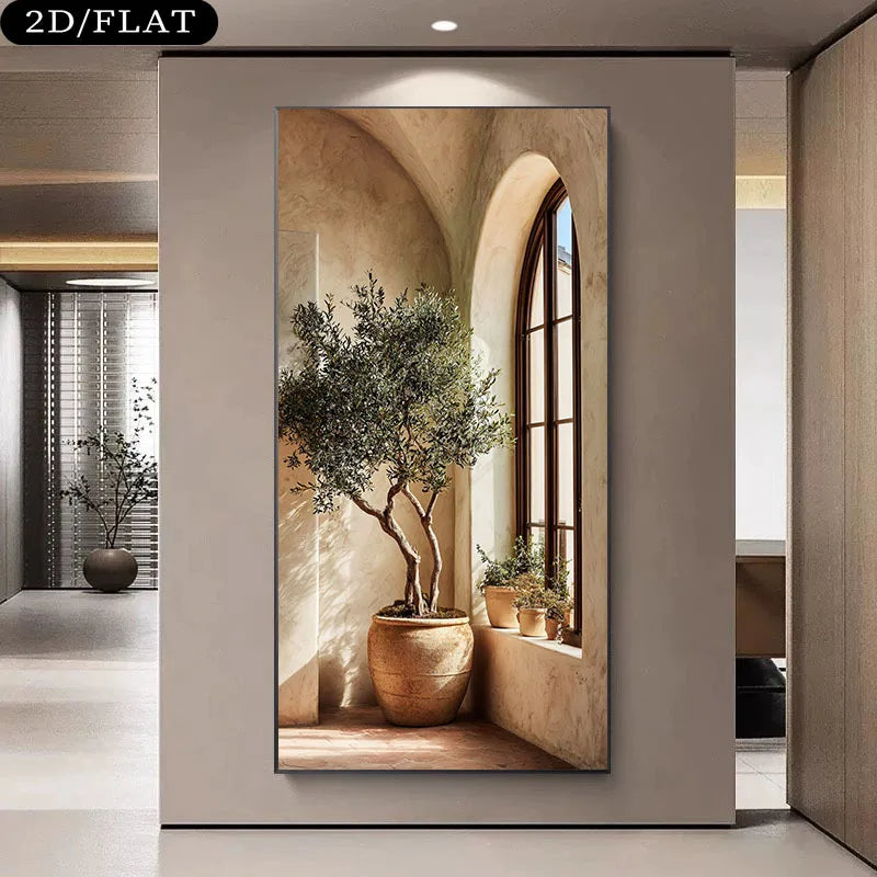 tableau moderne paysage architectural arbre fenetre plante beige vert brun sans cadre toile murale