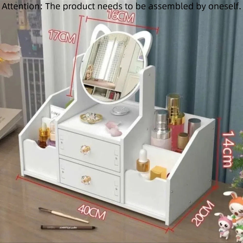 meuble rangement blanc moderne tiroirs miroir rond compartiments cosmétiques