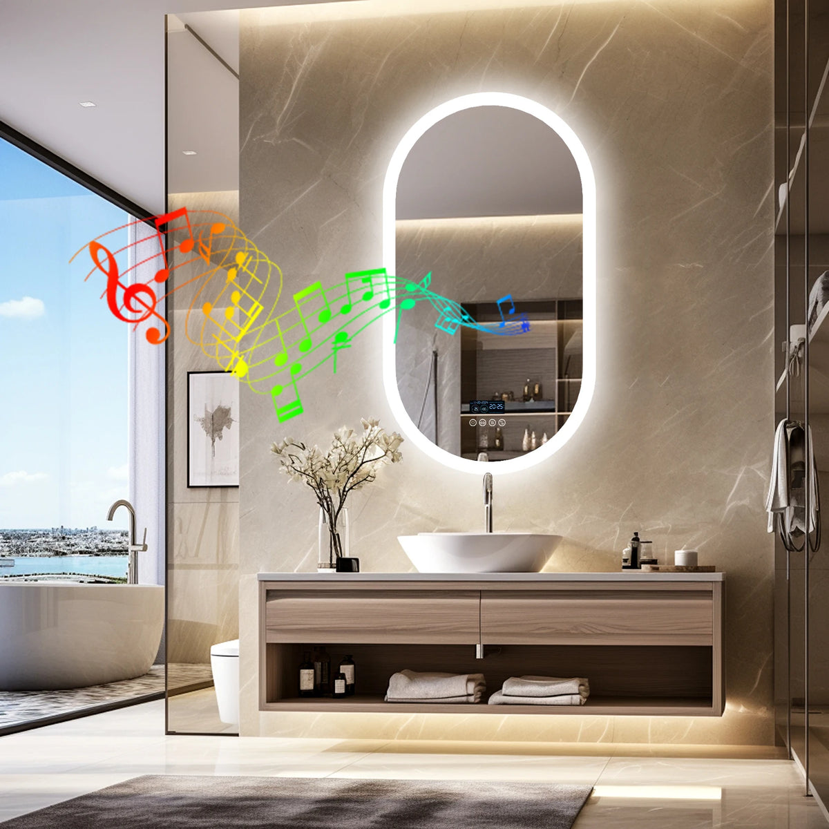 miroir lumineux moderne bluetooth éclairé anti buée date heure marbré blanc beige