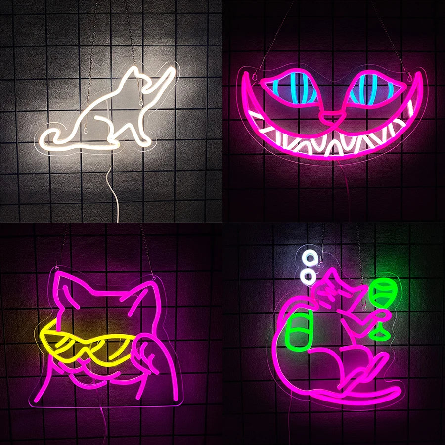 néon chat moderne blanc rose jaune vert bleu fixations chambre animaux fête anniversaire