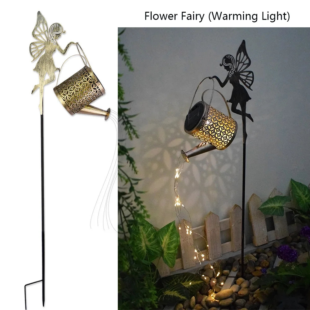 arrosoir lumineux solaire doré motifs floraux tringle noire led moderne jardinextérieur