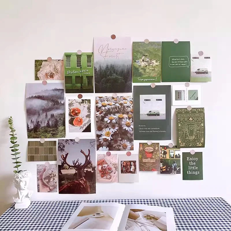 collage mural vintage romantique paysages floraux clips rose beige vert bleu blanc adolescents
