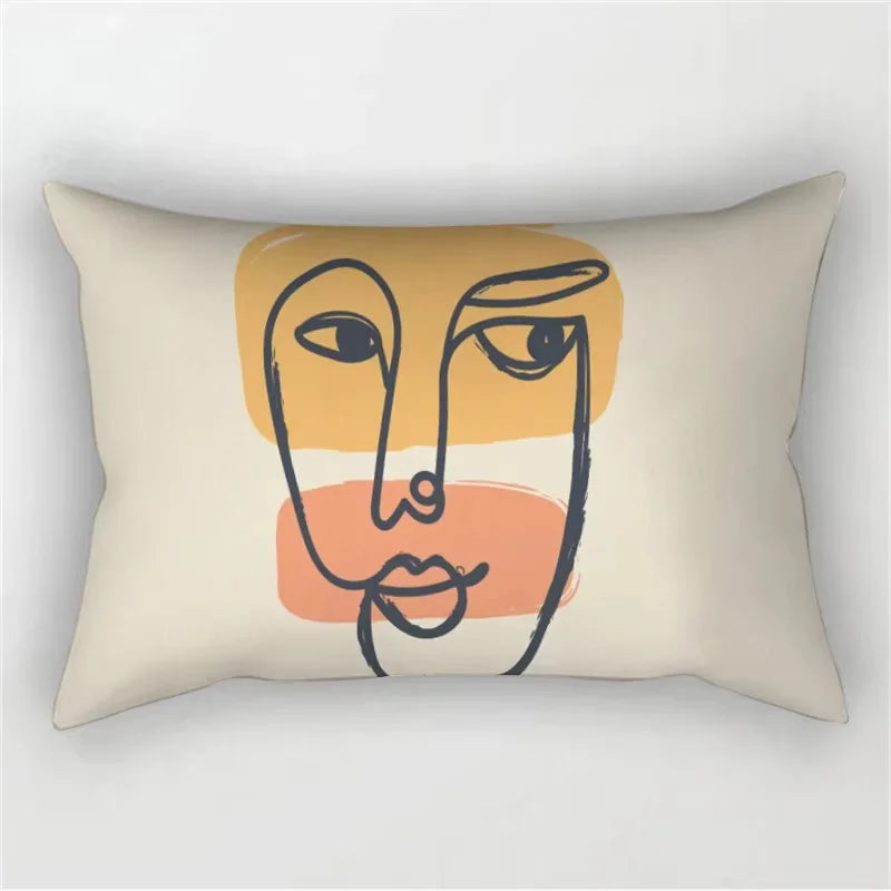 coussin rectangulaire moderne motif abstrait feuilles visages 100 polyester beige clair lit salon chambre