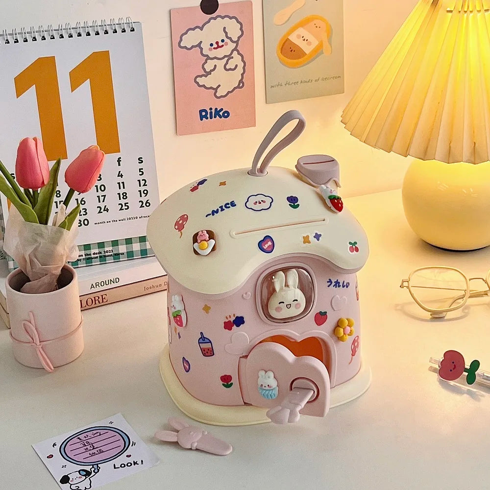 jouet maison banque rose bleu lapins ballons fruits cartoon enfant porte fenetre poignée cute
