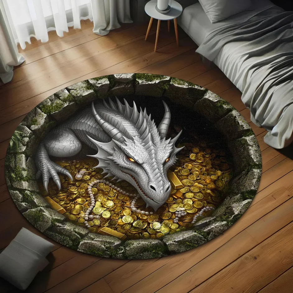 tapis rond dragon or floral moderne polypropylène noir gris bleu doré vertextérieur salon chambre