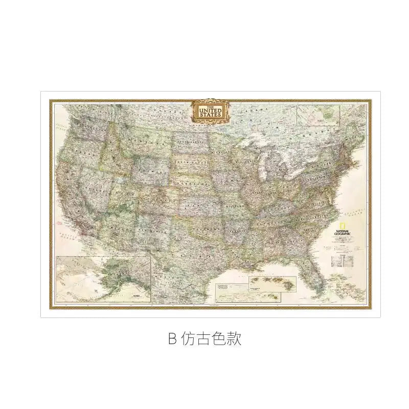 affiche murale carte états unis classique couleurs vives cadre noir détails cartographiques vintage maison
