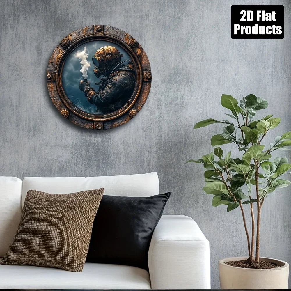 tableau mural métallique vintage steampunk plongeur marron noir bleu blanc texturé opaque réaliste