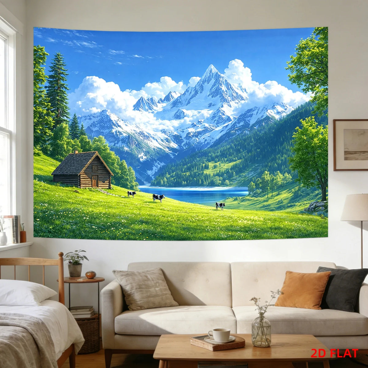 tapisserie murale paysage alpin chalet prairie lac animaux ciel moderne polyester chambre