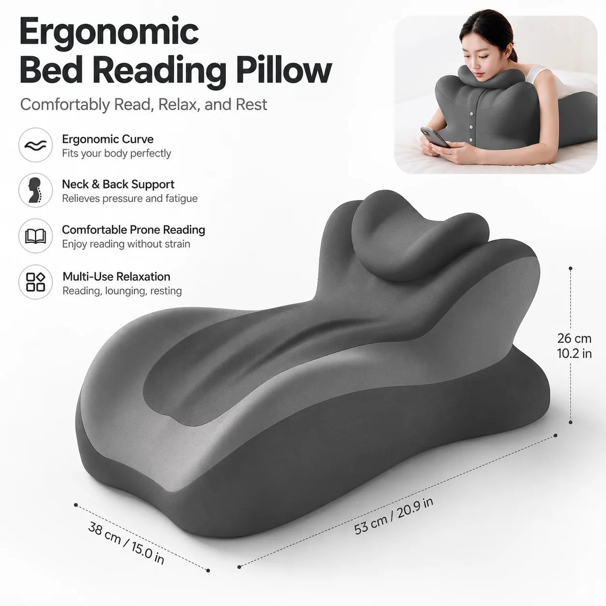 coussin ergonomique relaxation lecture gris texture douce mousse mémoire forme fesse couple femme enceinte