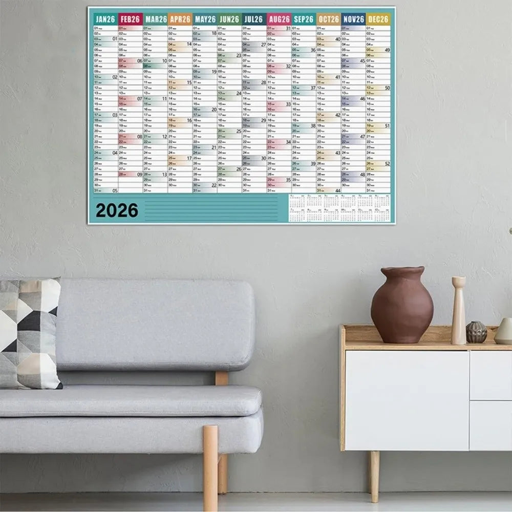 calendrier mural 2026 moderne couleur bleu blanc vert rose jaune gris grille dates mensuelles