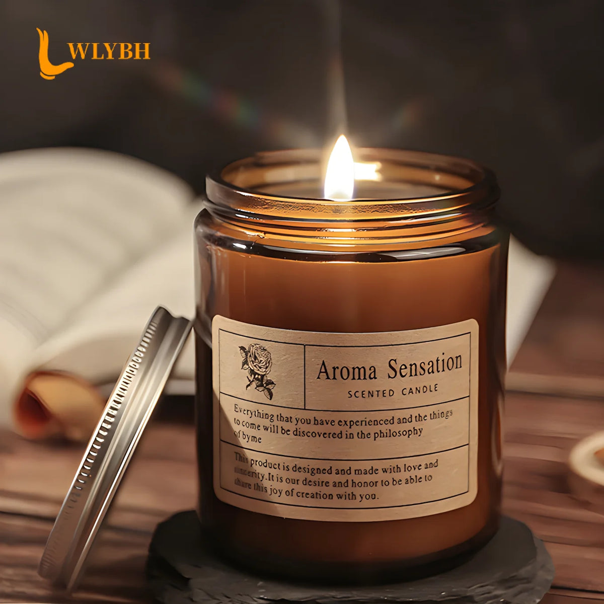 bougie parfumée soja sans fumée aromathérapie forme coupe marron clair étiquette blanche minimaliste hand