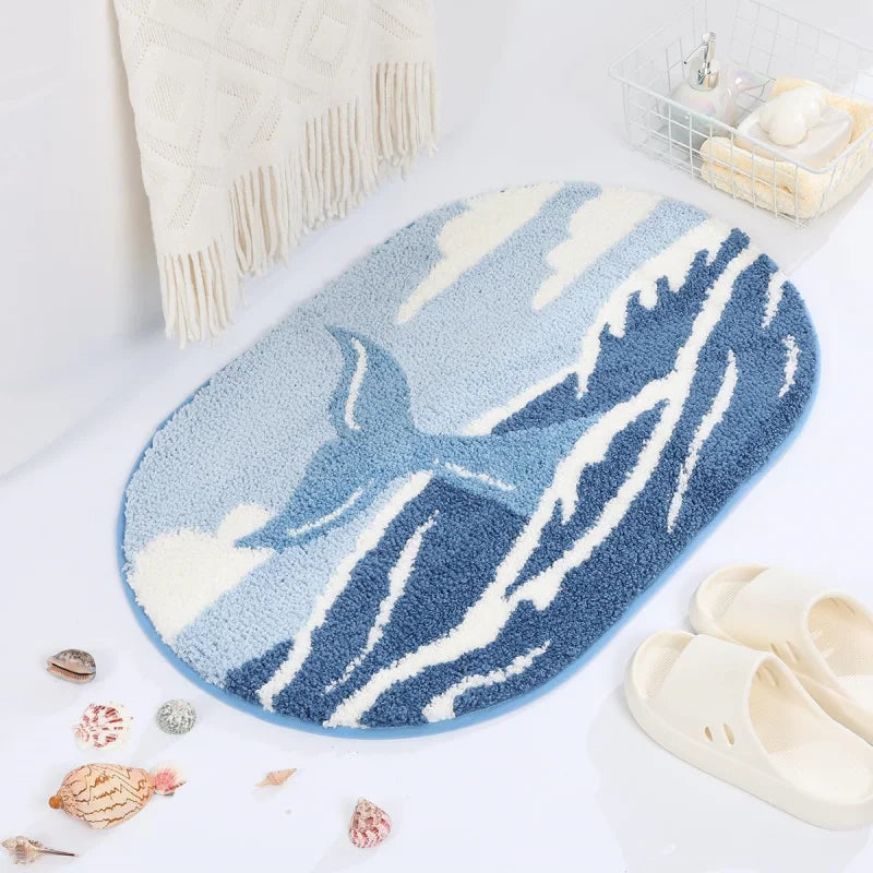 tapis bain antidérapant polyester motif méduse marine vert clair rose jaune bleu blanc moderne