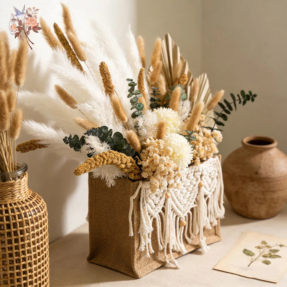 bouquets fleurs séchées pampas eucalyptus panier tressé décoration bohème anniversaire maison festive