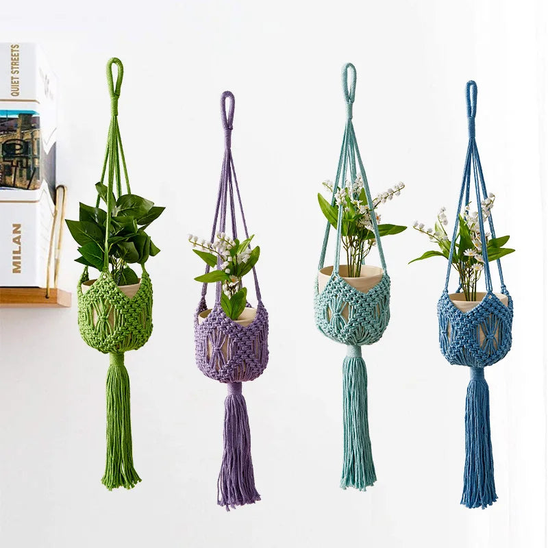 supports plante macramé tissé main motifs géométriques boho couleurs violet bleu beige vert