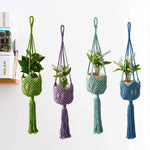 supports plante macramé tissé main motifs géométriques boho couleurs violet bleu beige vert