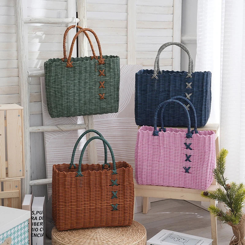 panier osier réutilisable vert rose moderne chic poignées détachables respectueux environnement utilisation multiple