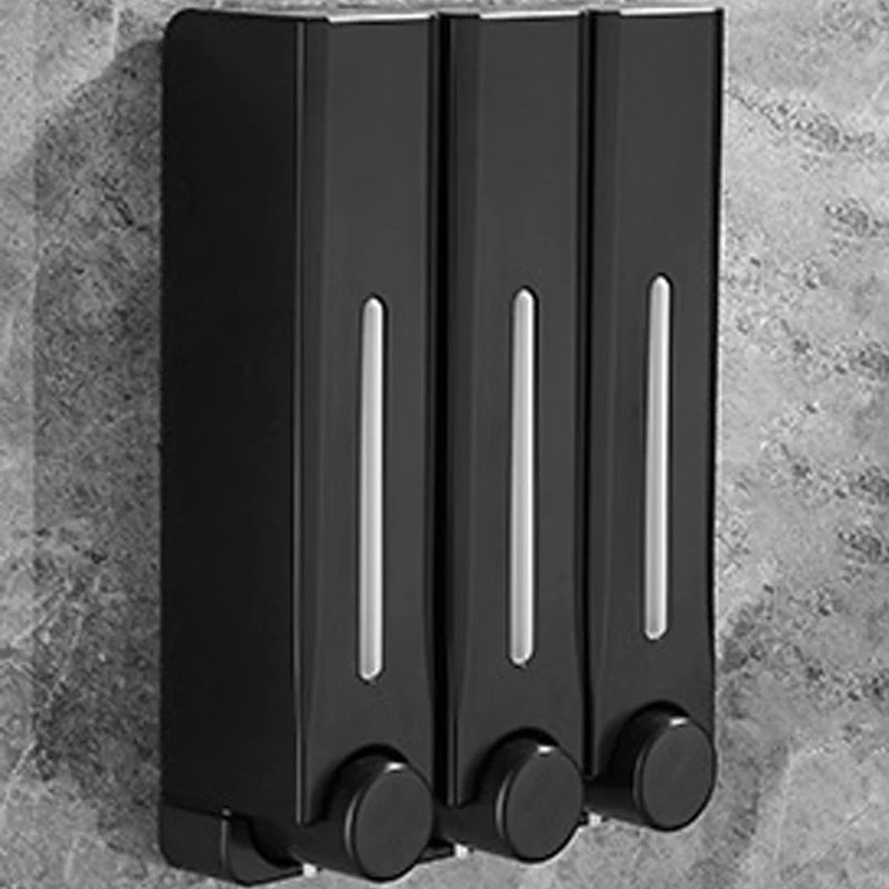 distributeur savon liquide mural noir moderne tuyau débit bouton déclenchement minimaliste salle bain