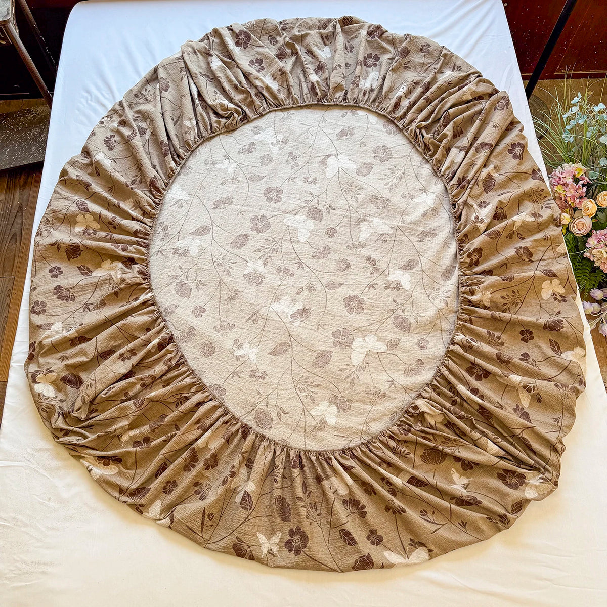 housse matelas coton lin plaid fleurs papillons moderne beige marron blanc double oreillers