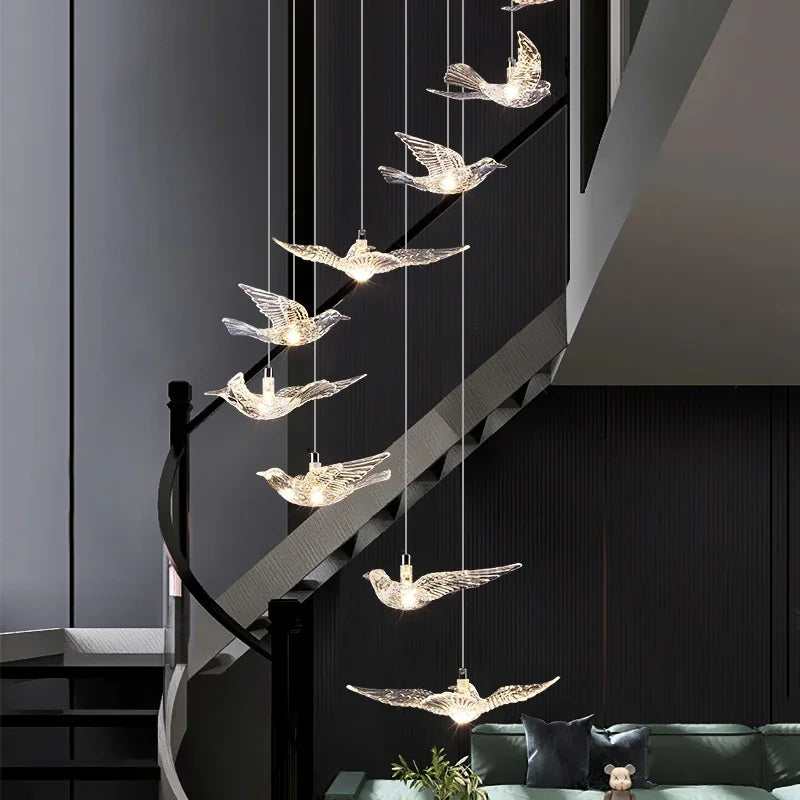 suspension lumineuse oiseaux transparente moderne contemporain lumière blanche salle manger chambre salon