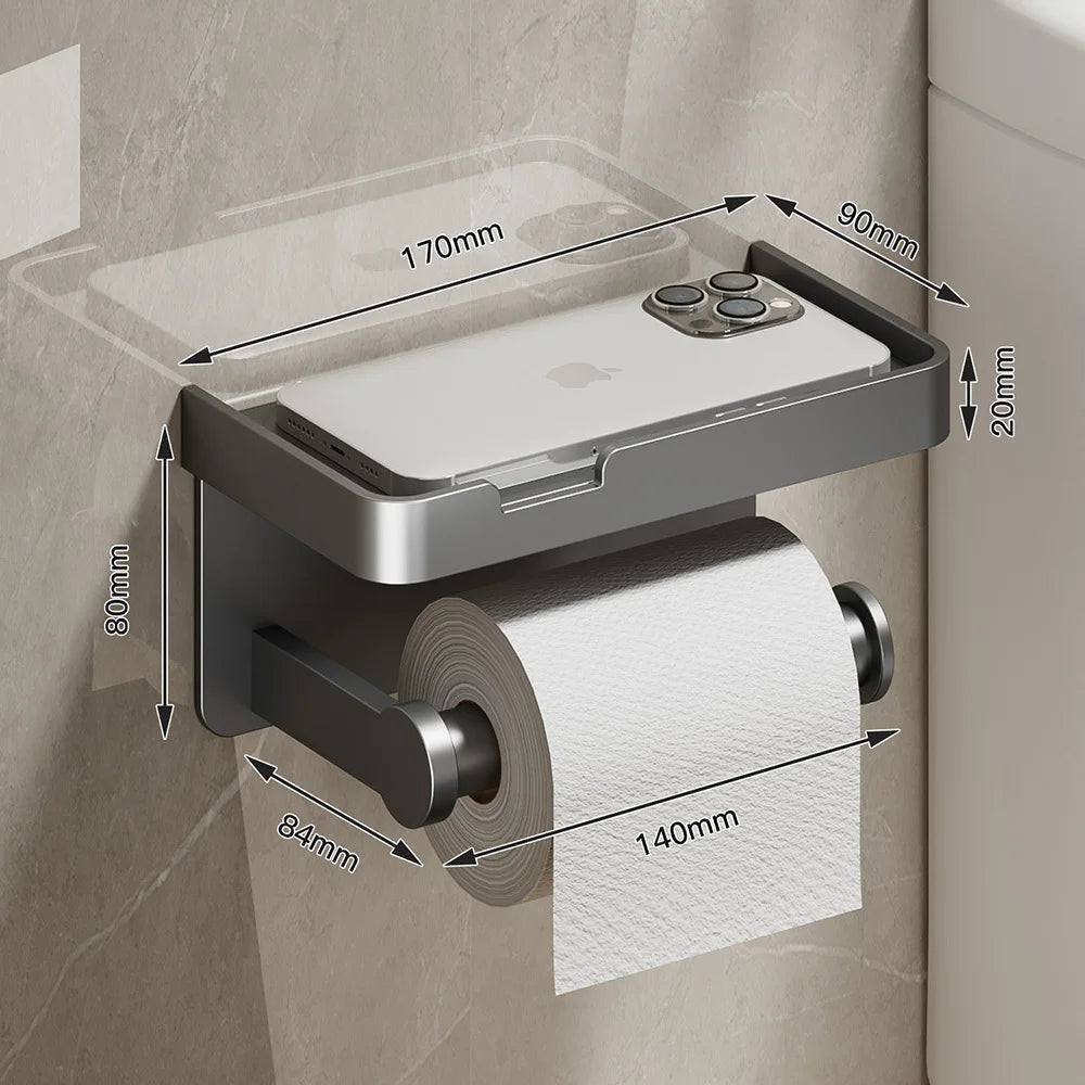 porte serviettes moderne porte papier toilette étagère rangement aluminium gris salle bain adhésif minimaliste
