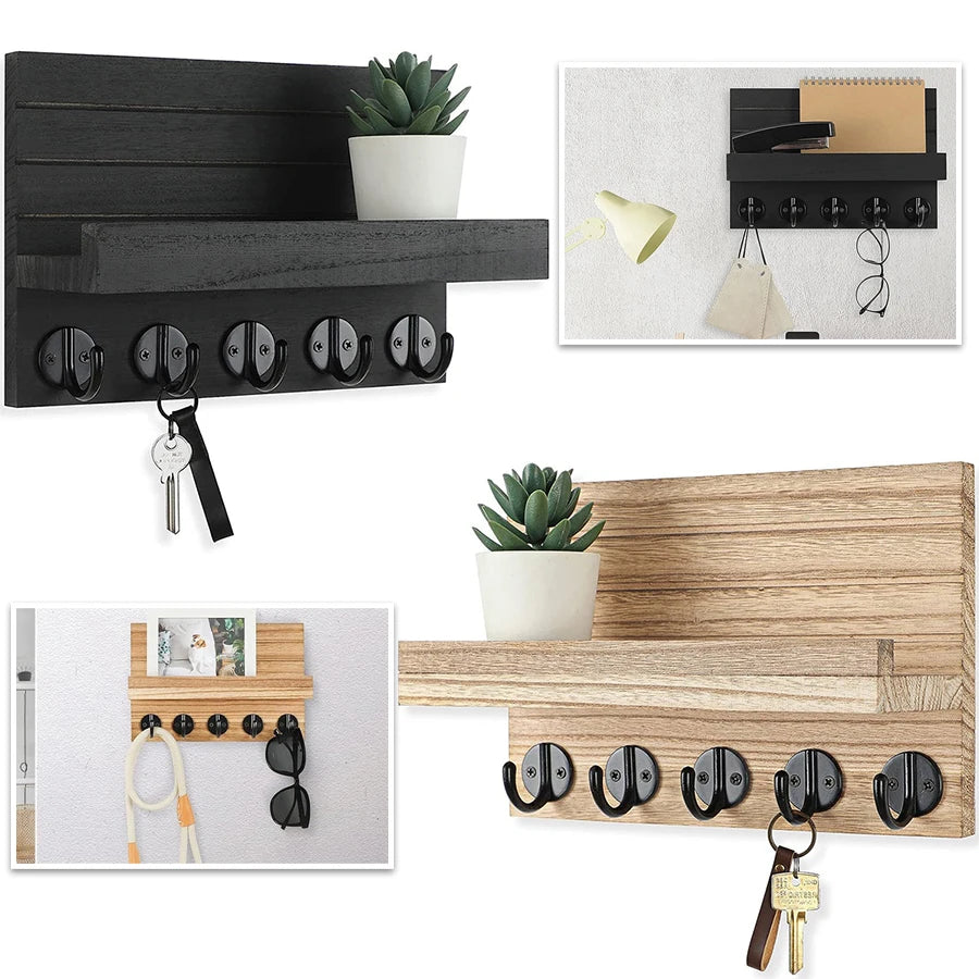 rangement mural porte clés étagère bois noir vis minimaliste moderne