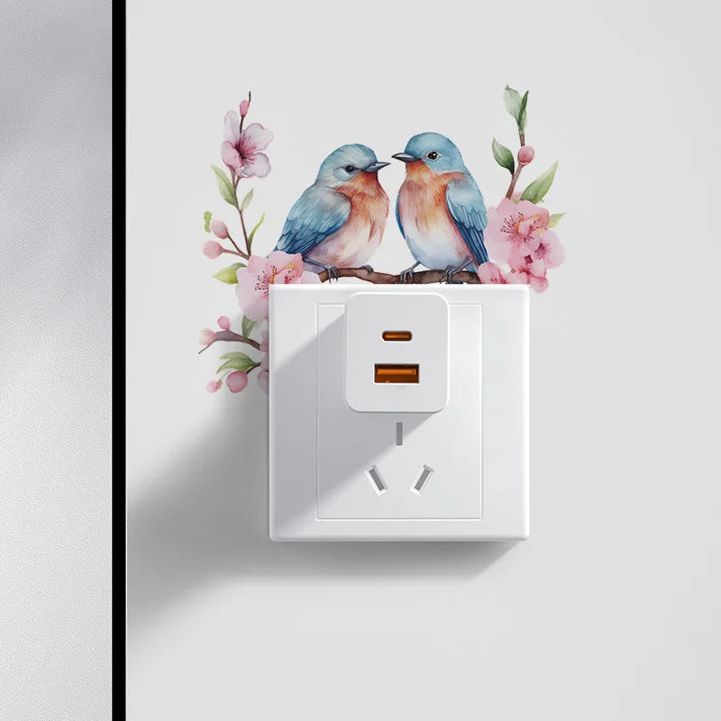 interrupteur mural oiseaux bleus fleurs roses adhésif pvc moderne décoration chambre salon blanc