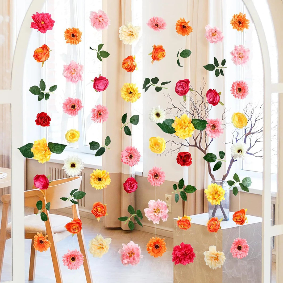 guirlande florale romantique fleurs artificielles rose orange rouge jaune verte mariage décoration intérieure suspension
