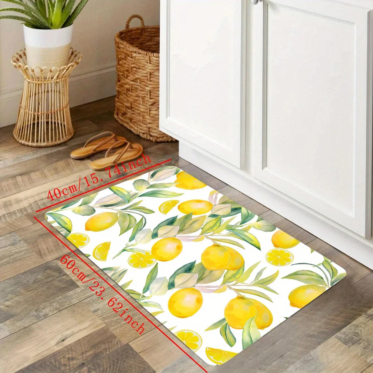 tapis moderne citron feuilles vertes fond blanc chambre salle bain extérieur 40x60cm polyester feutre