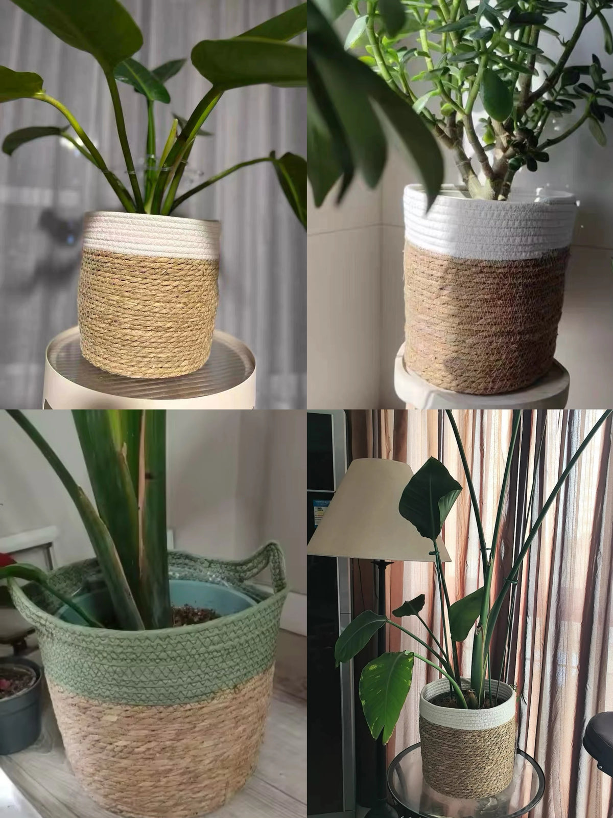 panier tressé fibre végétale réutilisable respectueux environnement pliable rangement vert beige rustic