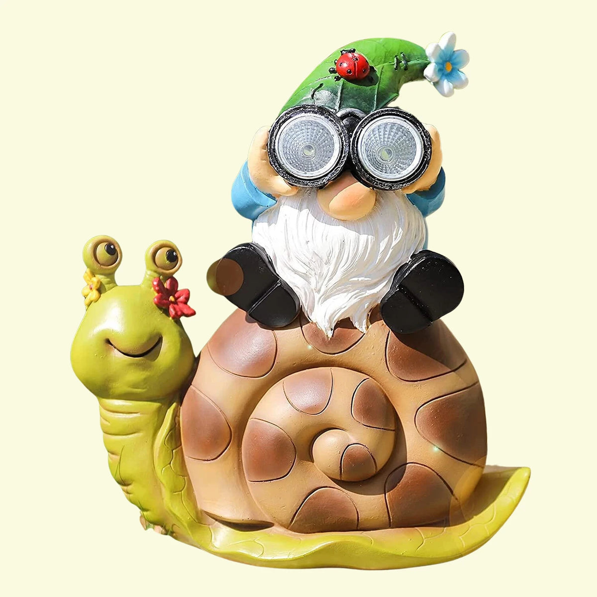 décoration jardin gnome limace résine éclairage solaire vert bleu marron fleurs coccinelle lunettes